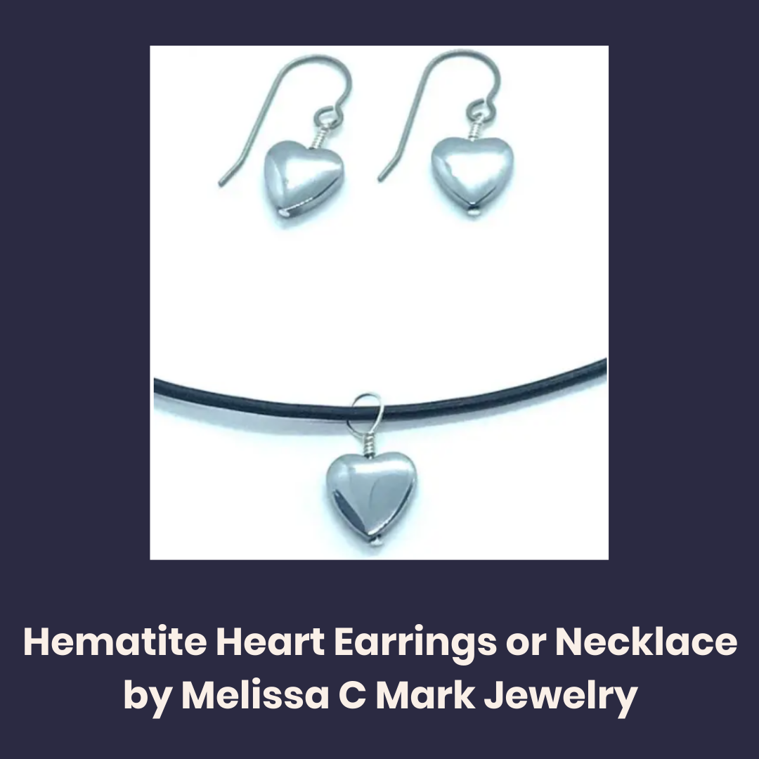Headshot of Hematite Heart Earrings or Necklace by Melissa C Mark Jewelry