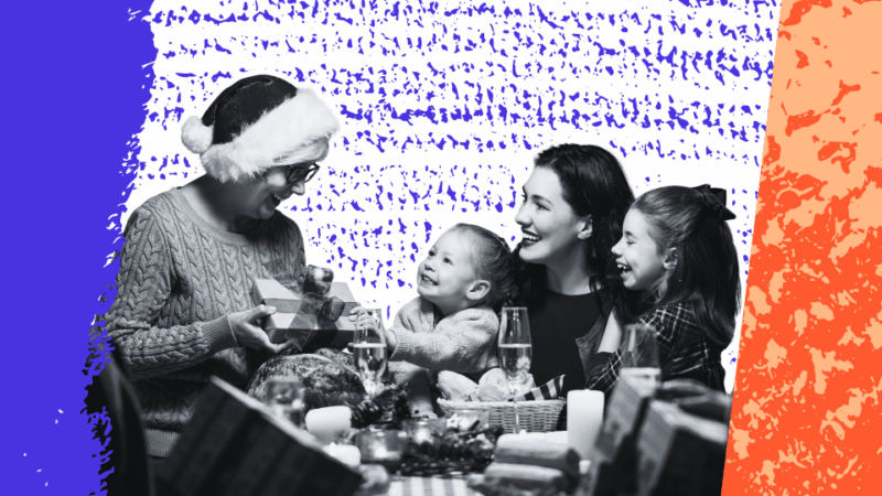 Family serving holiday meal while adult talks with child about listening to their body