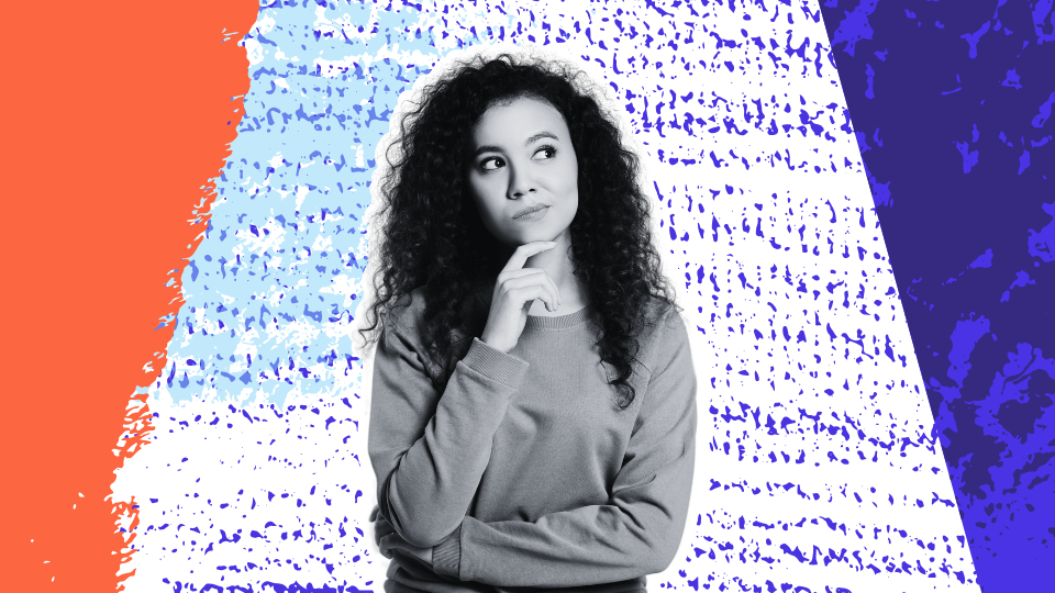 Thoughtful young adult with curly hair looking upward with a questioning expression, symbolizing reflection on body image and language.