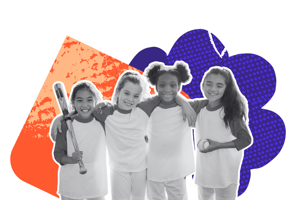 Four young girls in baseball uniforms smiling with arms around each other, holding a bat and ball. Used in WithAll’s What to Say Coaches Program materials to promote positive sports environments for kids.